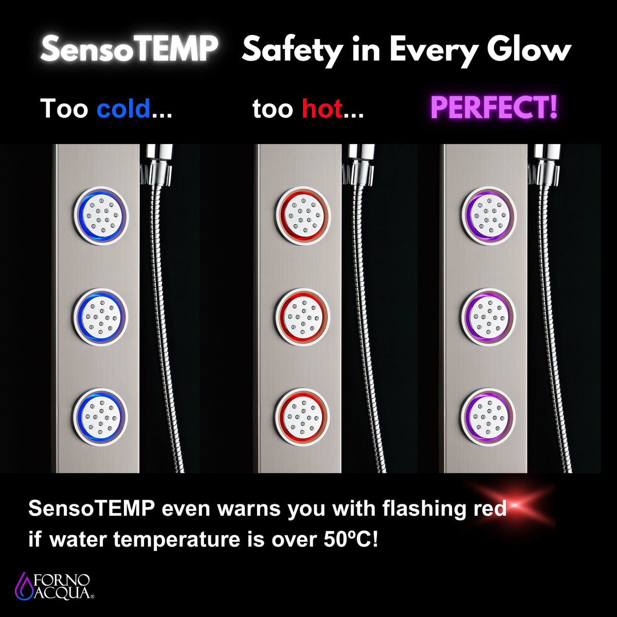 FORNO ACQUA Stainless Steel Shower Panel, 3 SensoTEMP LED Body Jets, 9 in. Rain Shower Head & 5-Function Handheld.  1.8GPM