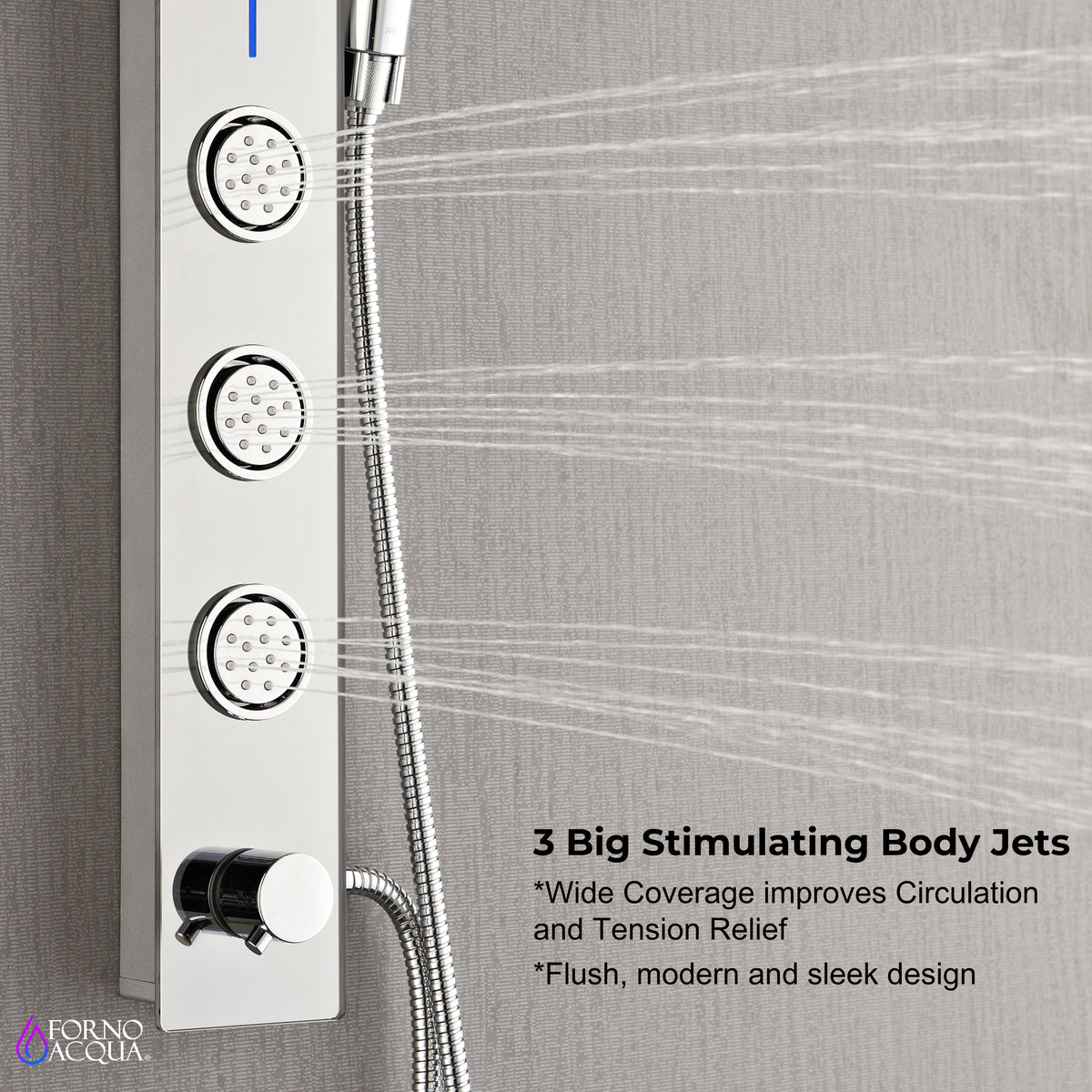 FORNO ACQUA SensoTEMP LED Mirror Shower Panel, 9 in. Rainfall Shower Head, 3 Body Jets & 5-Function Handheld. 1.8 GPM