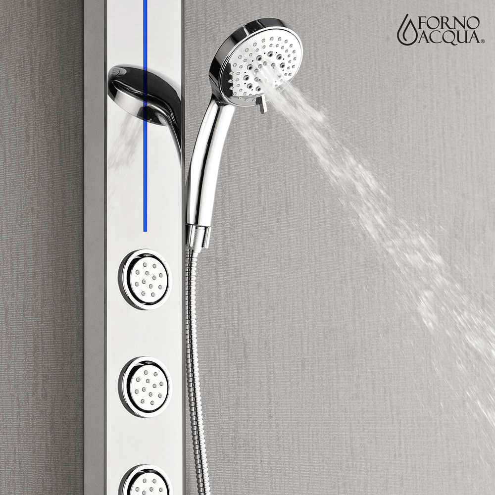 FORNO ACQUA SensoTEMP LED Mirror Shower Panel, 9 in. Rainfall Shower Head, 3 Body Jets & 5-Function Handheld. 2.5 GPM