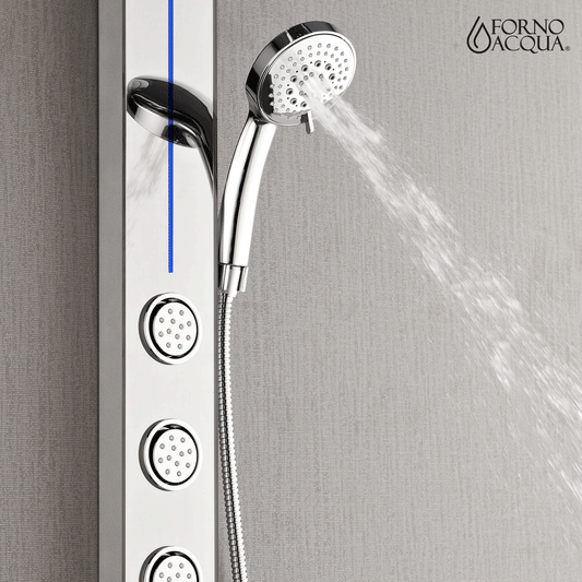 FORNO ACQUA SensoTEMP LED Mirror Shower Panel, 9 in. Rainfall Shower Head, 3 Body Jets & 5-Function Handheld. 1.8 GPM