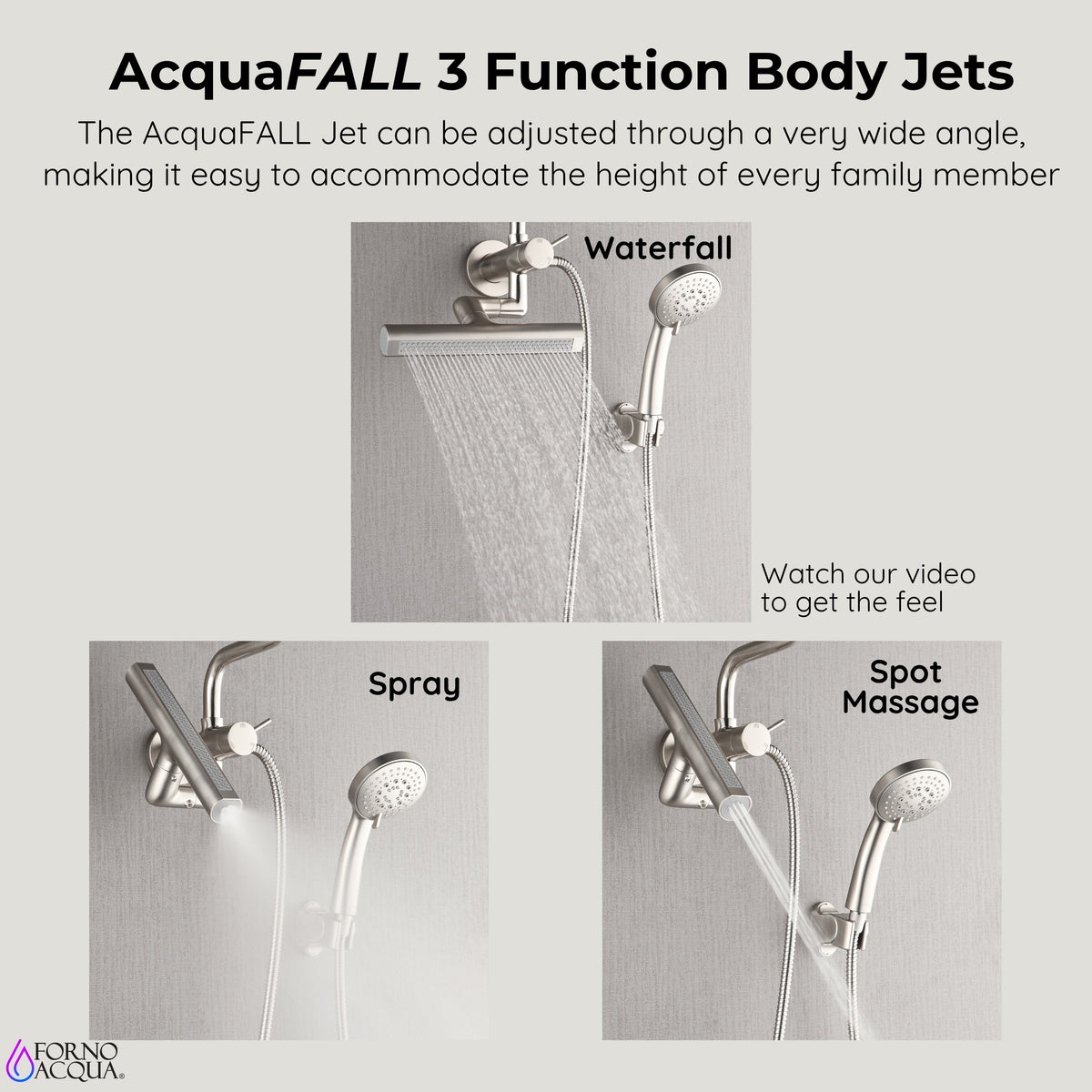 FORNO ACQUA AcquaFALL 9 in. Rainfall Head, 3-Function Waterfall Body Jet & 5-Function Handheld. Brushed NIckel 2.5 GPM