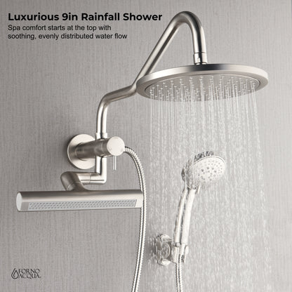 FORNO ACQUA AcquaFALL 9 in. Rainfall Head, 3-Function Waterfall Body Jet & 5-Function Handheld. Brushed NIckel 2.5 GPM