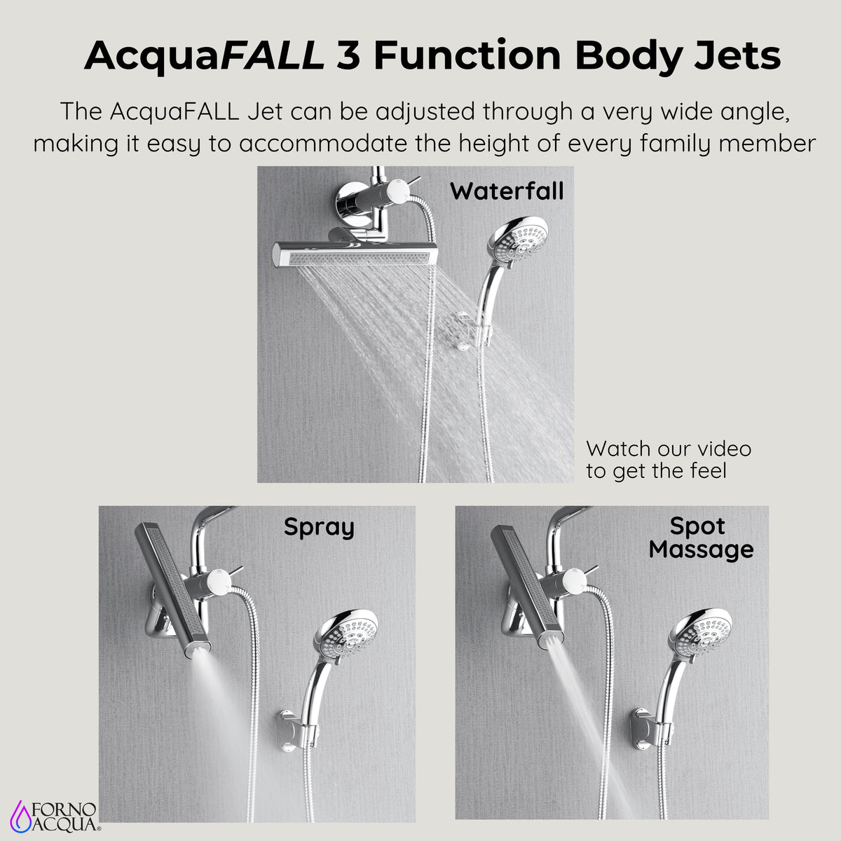 FORNO ACQUA AcquaFALL 9 in. Rainfall Head, 3-Function Waterfall Body Jet & 5-Function Handheld. Polished Chrome 1.8 GPM