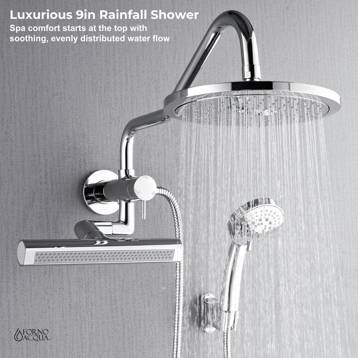 FORNO ACQUA AcquaFALL 9 in. Rainfall Head, 3-Function Waterfall Body Jet & 5-Function Handheld. Polished Chrome 2.5 GPM