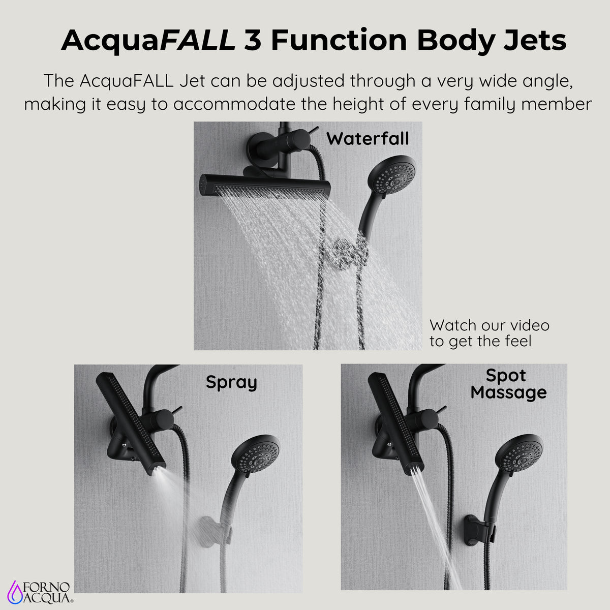 FORNO ACQUA AcquaFALL 6-Function Shower Head, 3-Function Waterfall Body Jet & 5-Function Handheld. Black 1.8 GPM