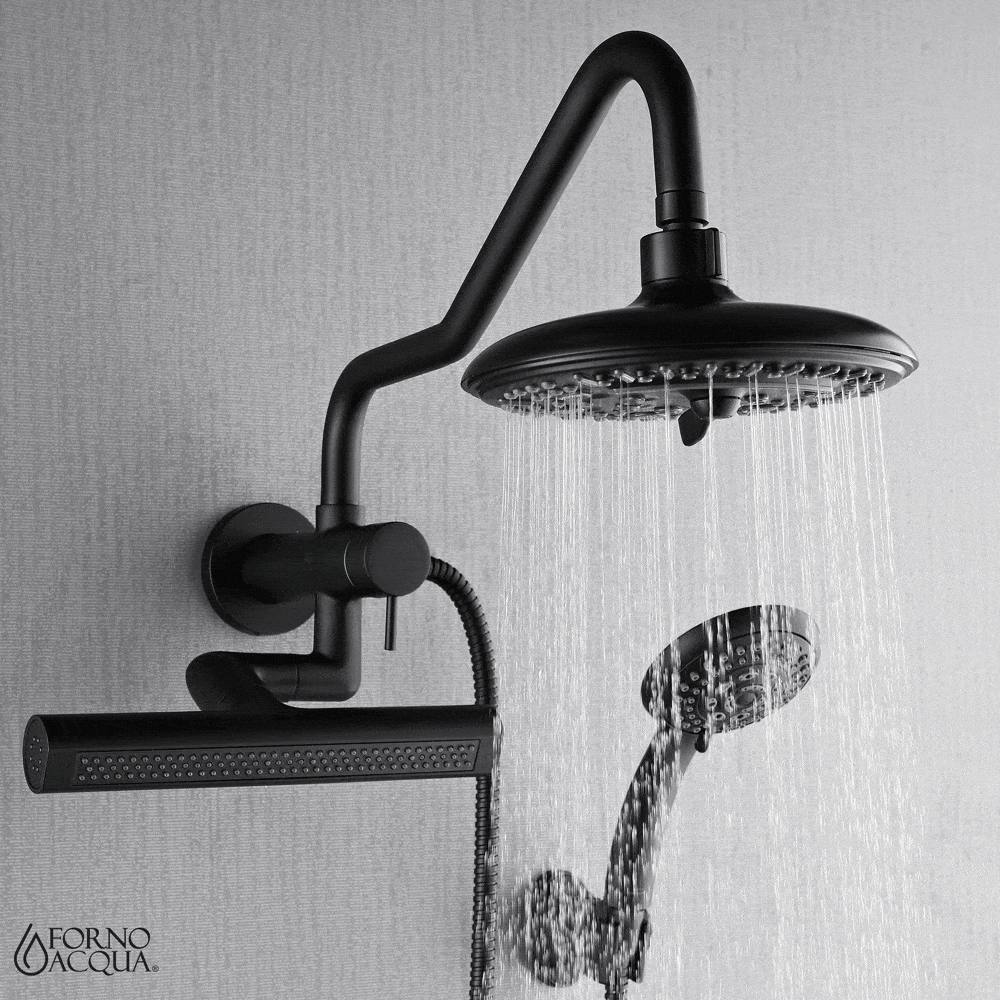 FORNO ACQUA AcquaFALL 6-Function Shower Head, 3-Function Waterfall Body Jet & 5-Function Handheld. Black 1.8 GPM
