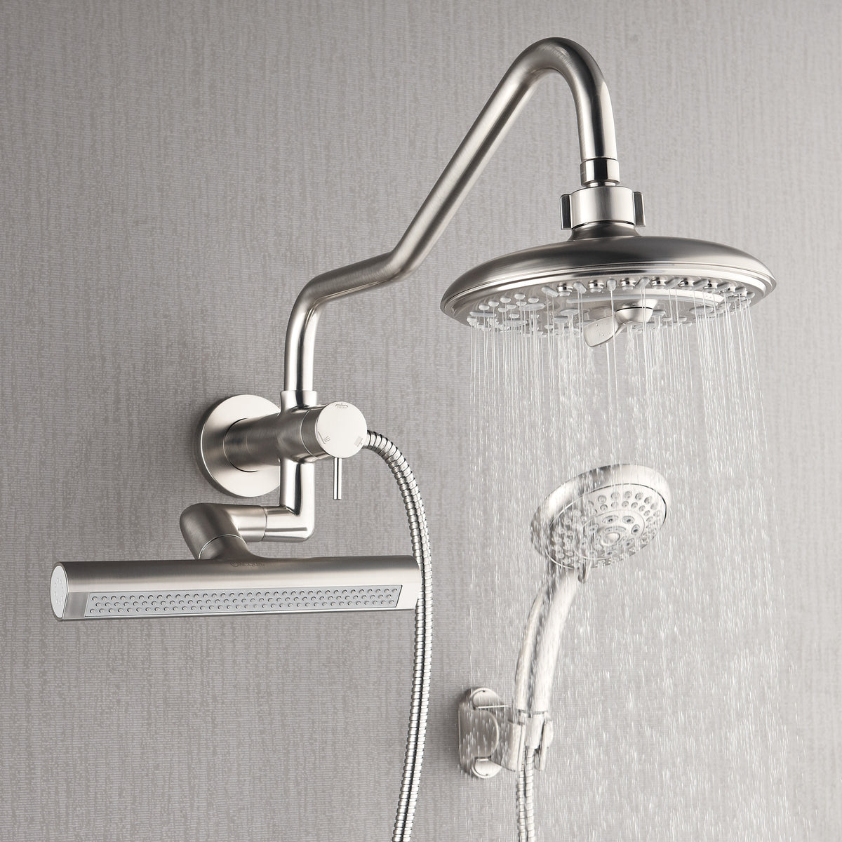 FORNO ACQUA AcquaFALL 6-Function Shower Head, 3-Function Waterfall Body Jet & 5-Function Handheld. Brushed Nickel 1.8 GPM