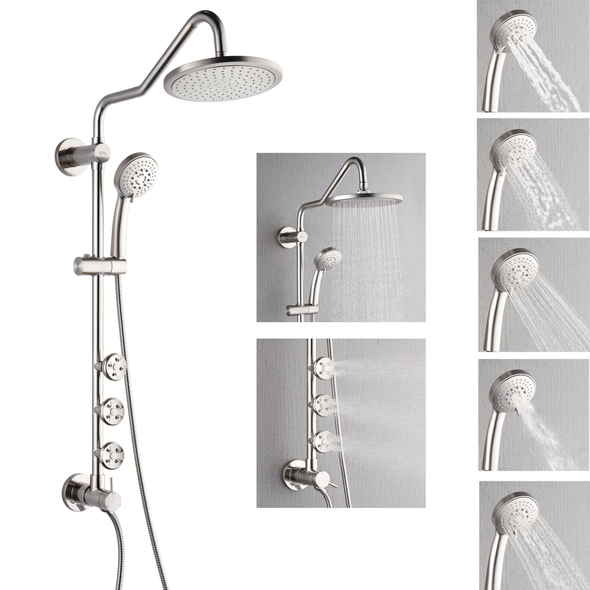 FORNO ACQUA 9 in. Rain Shower, 5-Function Handheld & 3 Directional Body Jet Shower System with Sliding Bar. Brushed Nickel 1.8 GPM