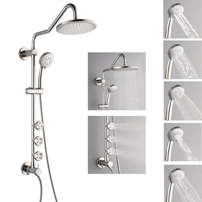 FORNO ACQUA 9 in. Rain Shower, 5-Function Handheld & 3 Directional Body Jet Shower System with Sliding Bar. Brushed Nickel 1.8 GPM