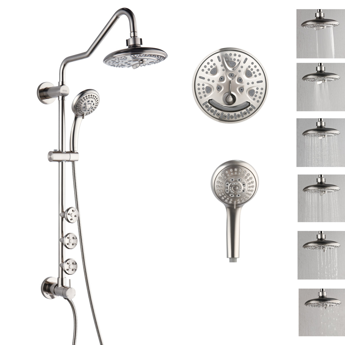 FORNO ACQUA 8in. 6-Function Rain Shower, 5-Function Handheld & 3 Directional Body Jet Shower System with Sliding Bar. Brushed Nickel 2.5 GPM