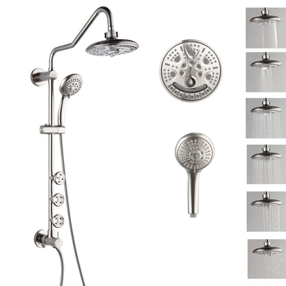 FORNO ACQUA 8in. 6-Function Rain Shower, 5-Function Handheld & 3 Directional Body Jet Shower System with Sliding Bar. Brushed Nickel 1.8 GPM