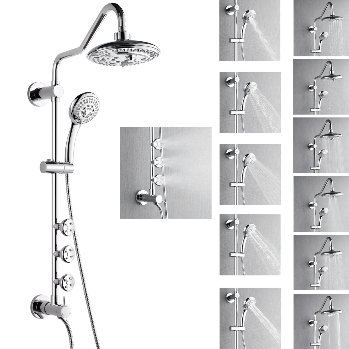 FORNO ACQUA 8in. 6-Function Rain Shower, 5-Function Handheld & 3 Directional Body Jet Shower System with Sliding Bar. Polished Chrome 2.5 GPM