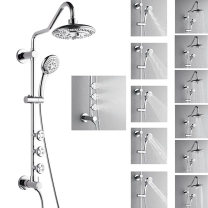 FORNO ACQUA 8in. 6-Function Rain Shower, 5-Function Handheld & 3 Directional Body Jet Shower System with Sliding Bar. Polished Chrome 2.5 GPM