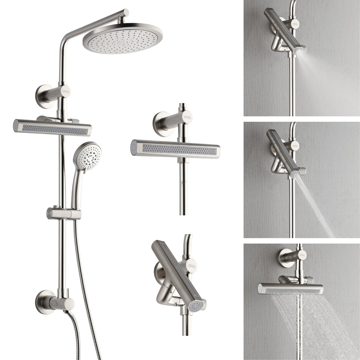 FORNO ACQUA AcquaFALL 9-in Shower Head, 5-Function Handheld & 3-Function Waterfall Body Jet. Brushed Nickel 2.5 GPM