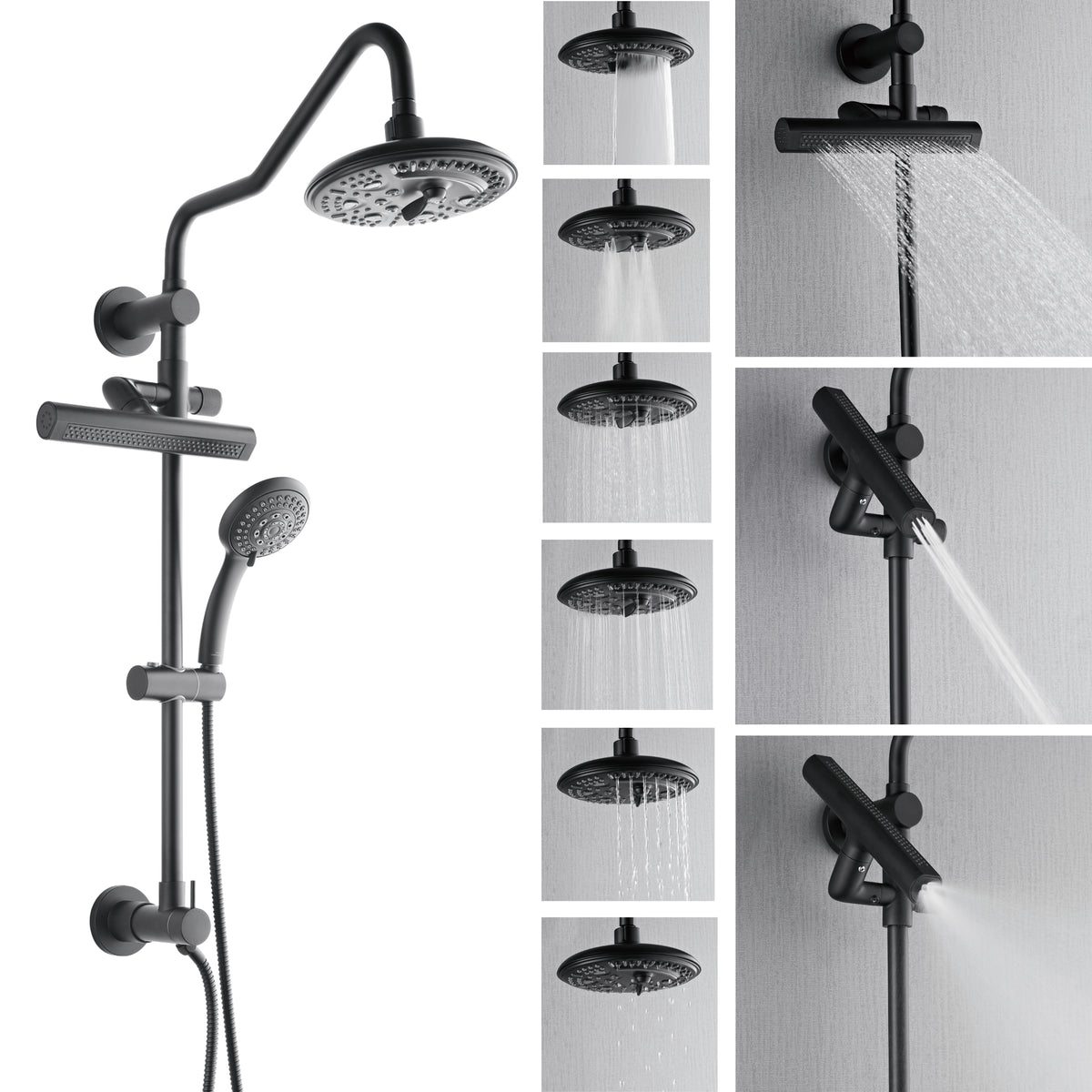 ACQUA FORNO AcquaFALL 6-Function Shower Head, 5-Function Handheld & 3-Function Waterfall Body Jet. Black, 2.5 GPM