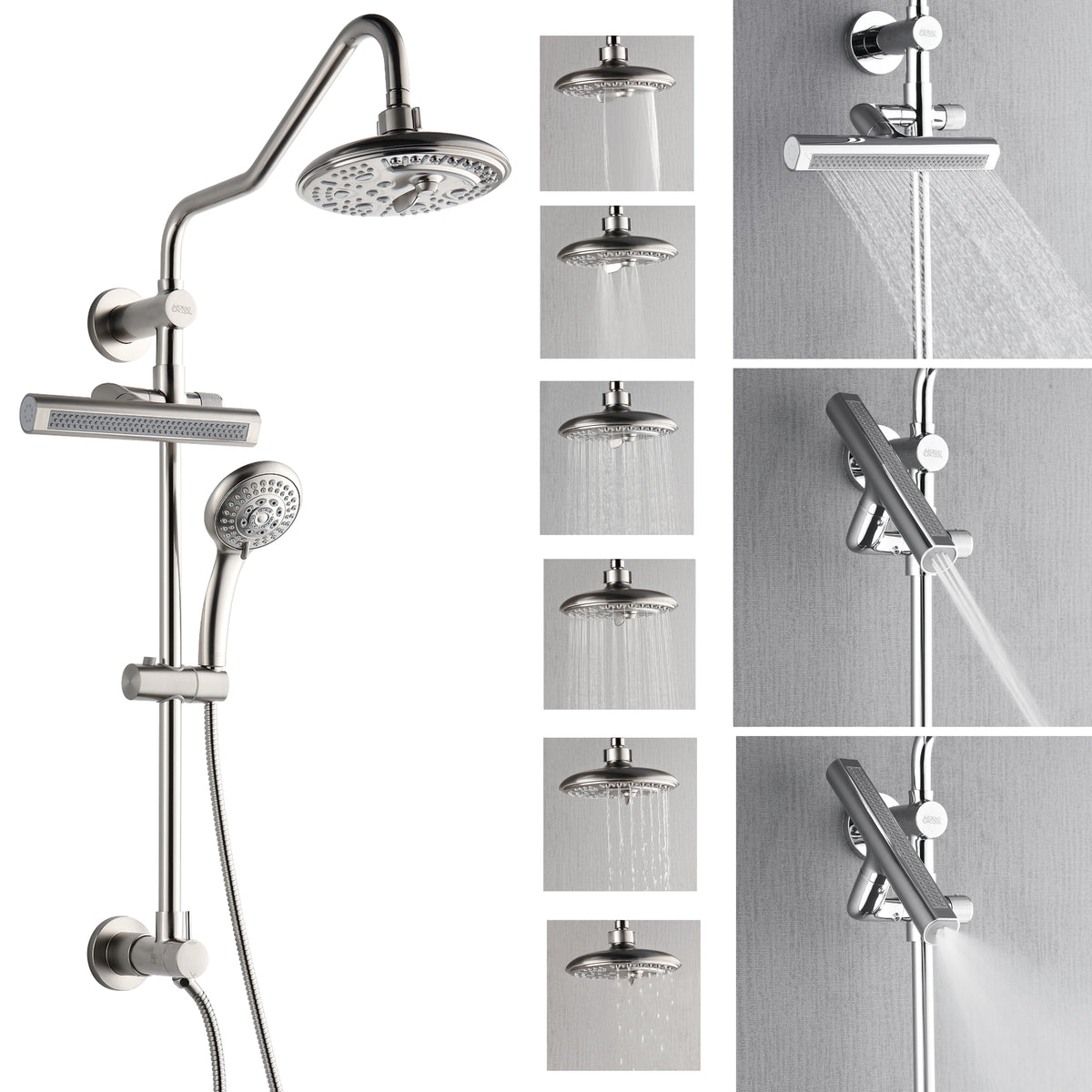 FORNO ACQUA AcquaFALL 6-Function Shower Head, 5-Function Handheld & 3-Function Waterfall Body Jet. Brushed Nickel, 2.5 GPM