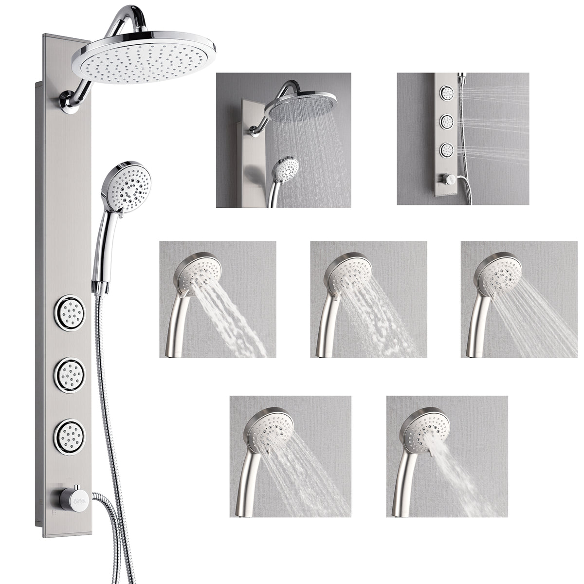 FORNO ACQUA AcquaSPA 9 in. Rain Shower, 5-Function Handheld & 3 Body Jet. Brushed Nickel 2.5 GPM
