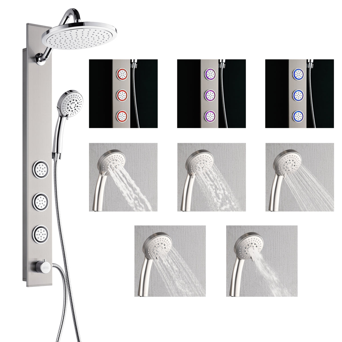FORNO ACQUA Stainless Steel Shower Panel, 3 SensoTEMP LED Body Jets, 9 in. Rain Shower Head & 5-Function Handheld.  2.5GPM