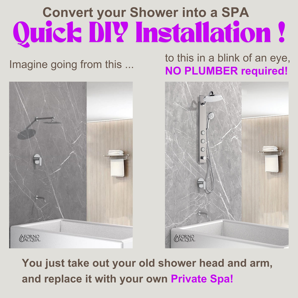 FORNO ACQUA Stainless Steel Shower Panel, 3 SensoTEMP LED Body Jets, 9 in. Rain Shower Head & 5-Function Handheld.  1.8GPM