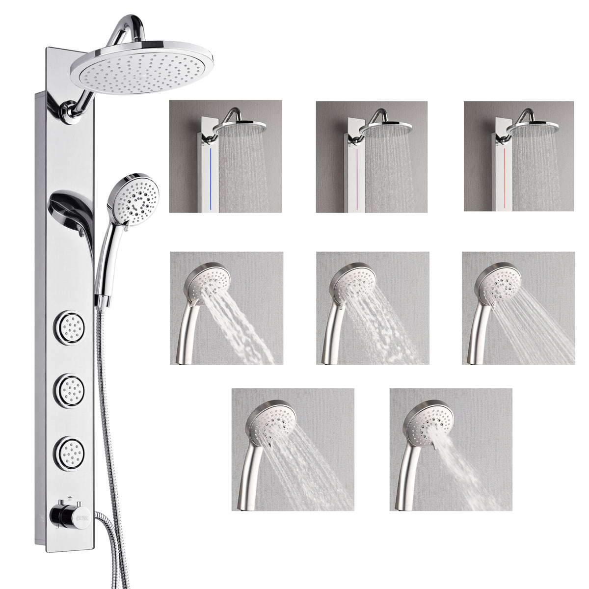 FORNO ACQUA SensoTEMP LED Mirror Shower Panel, 9 in. Rainfall Shower Head, 3 Body Jets & 5-Function Handheld. 2.5 GPM