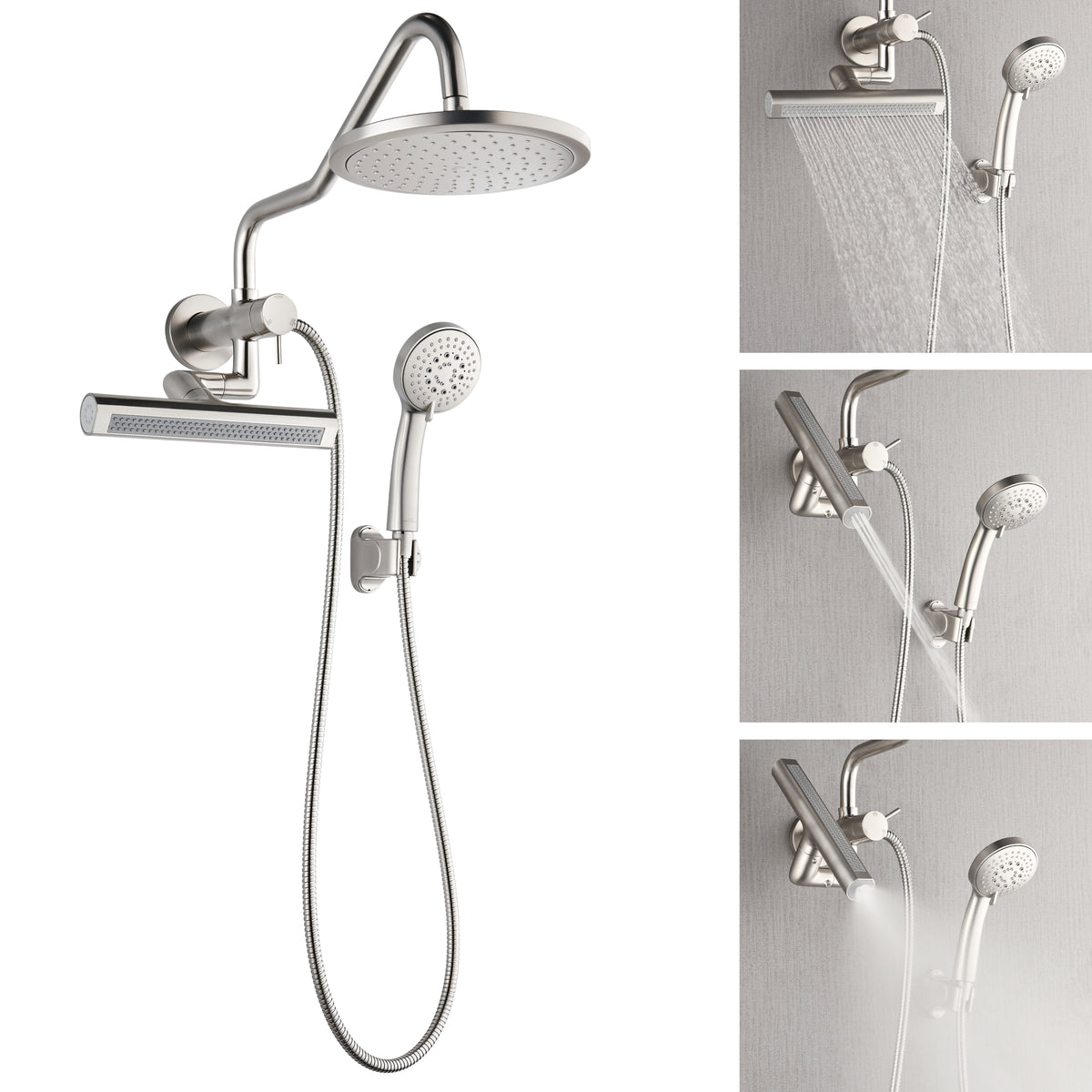 FORNO ACQUA AcquaFALL 9 in. Rainfall Head, 3-Function Waterfall Body Jet & 5-Function Handheld. Brushed NIckel 2.5 GPM