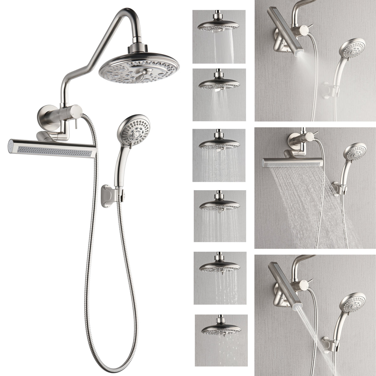 FORNO ACQUA AcquaFALL 6-Function Shower Head, 3-Function Waterfall Body Jet & 5-Function Handheld. Brushed Nickel 1.8 GPM
