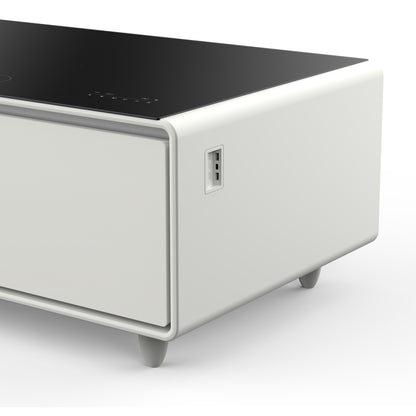 Forno Evoluto Tavolo 51-Inch White Smart Coffee Table – Dual Refrigerator Drawers, Bluetooth 5.0 Audio, Wireless Charging & RGB Ambient Light