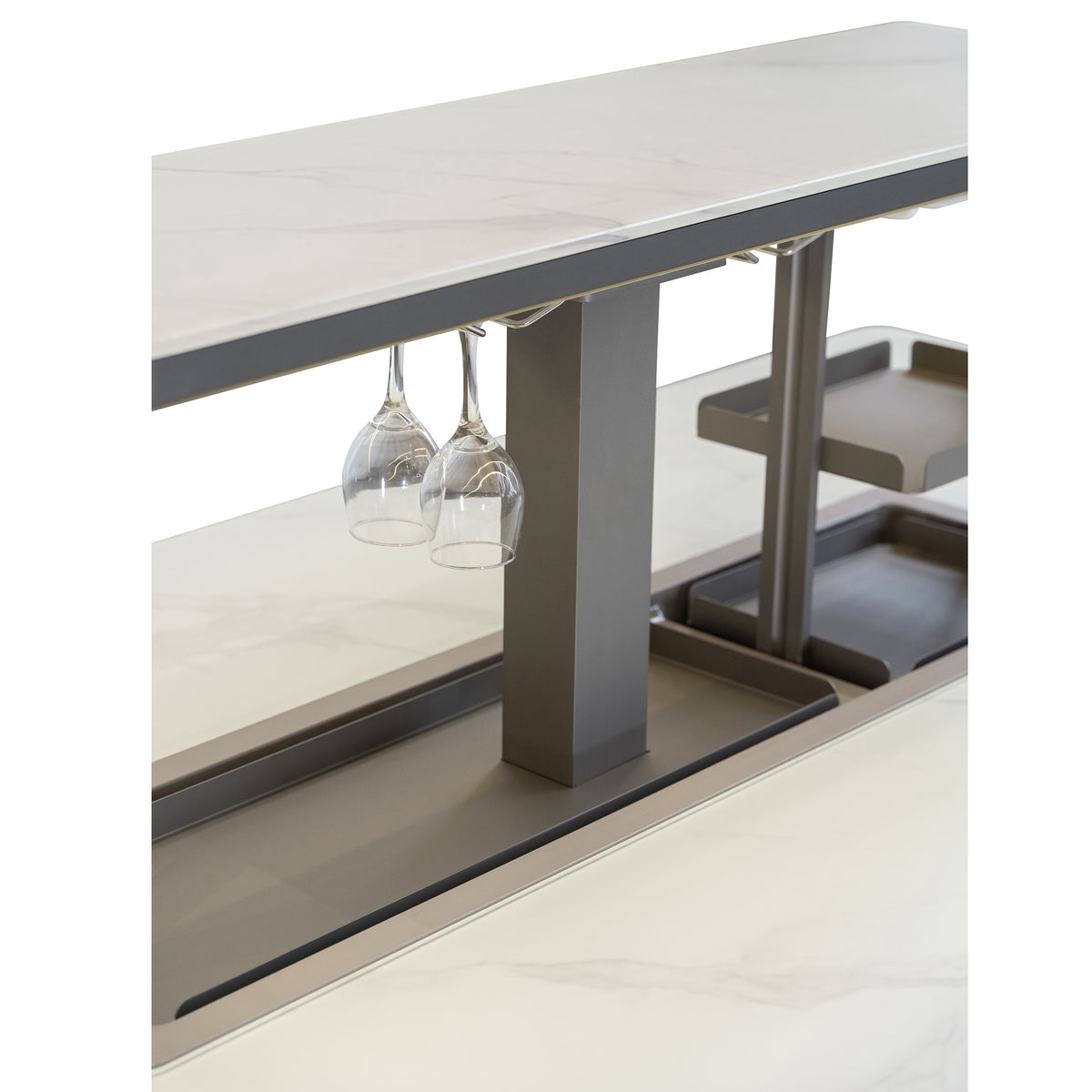 Cinetico Smart Dining Table in White, 5.3 cu.ft fridge and freezer with Bluetooth control