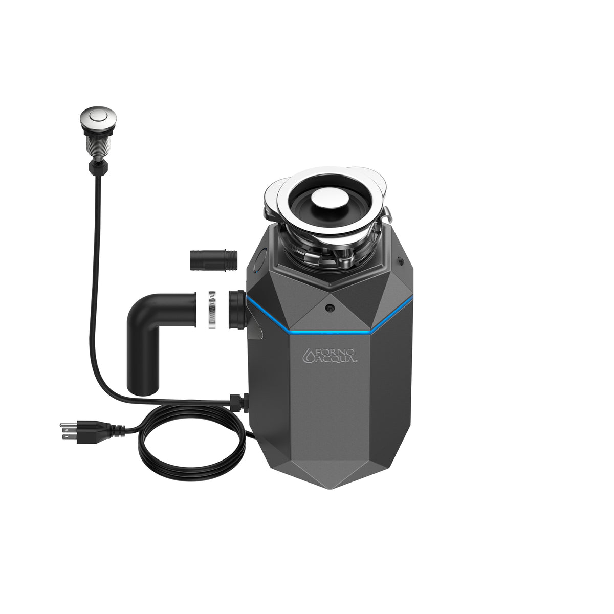 FORNO ACQUA BrightDIAMOND Black Onyx 3/4HP Super Quiet Garbage Disposal Corded with Motion Sensor Cabinet Light & Pre-Wired Air Switch